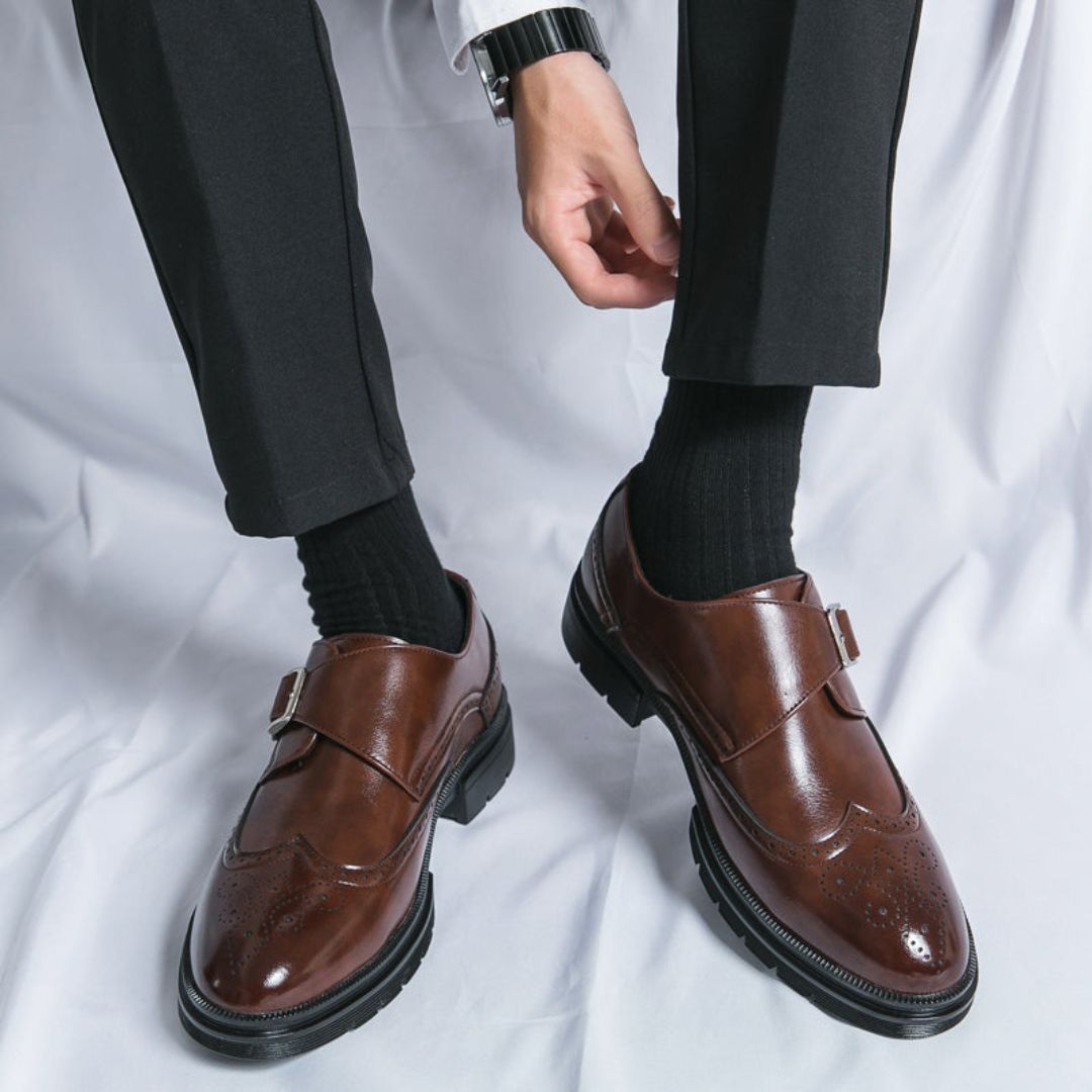 Men’s Stylish Formal Business Slip-on Wingtip Brogue Accents Shoes with Adjustable Buckle Closure