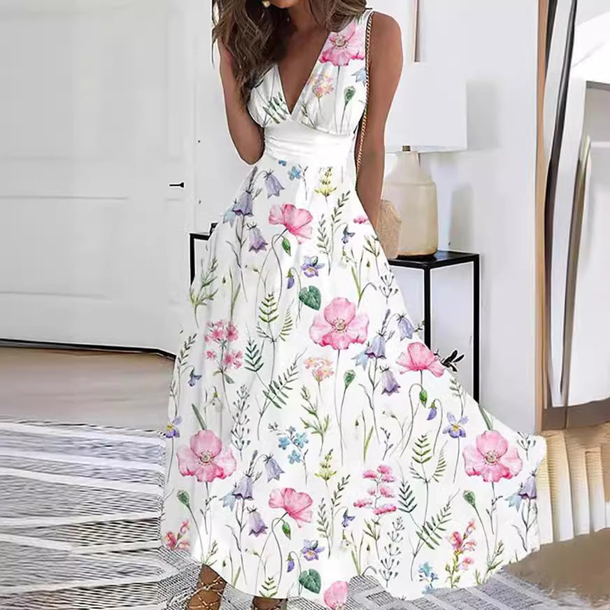 Women's Fantasy Captivating Blooming Maxi Dress with Deep V-neckline